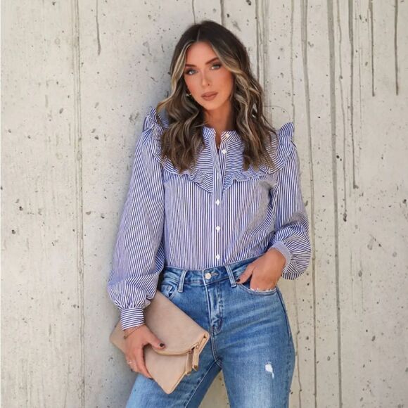 Tommy Hilfiger Cotton Ruffled Stripe Button Down Shirt - Picture 7 of 7